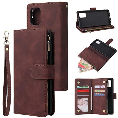 QLTYPRI Case for Samsung Galaxy A52 4G/5G/A52S 5G, Large Capacity Leather Wallet Case 6 Card Holder & 1 Zipper Pocket Kickstand Wrist Strap Magnetic Protective Cover for Galaxy A52/A52S 5G - Coffee