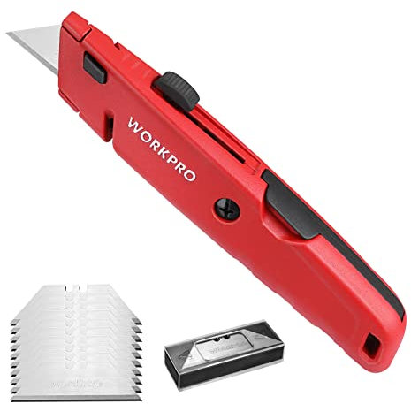 WORKPRO Teppichmesser aus Vollmetall, Einziehbarer Universalmesser mit Klingenaufbewahrung, Schnellwechsel-Cuttermesser mit Garnschneider, inkl. 13 SK5 Ersatzklingen, Rot