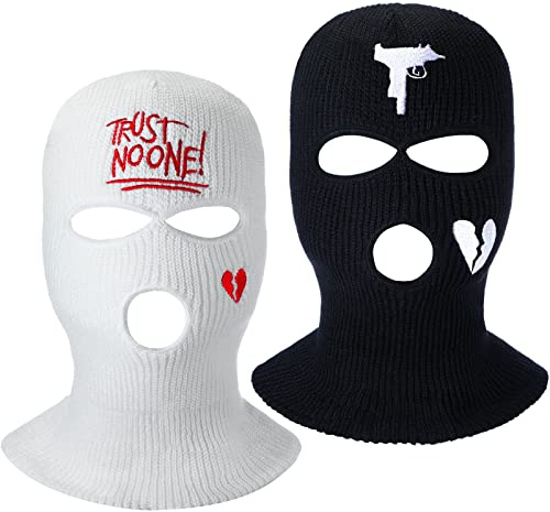 Handepo 2 Stück 3 Loch Skimaske Winter Sturmhaube Warm Vollgesichts-Strickmaske Skimütze Maske gestrickt Vollgesichtsabdeckung für Männer und Frauen, weiß/schwarz, Einheitsgre