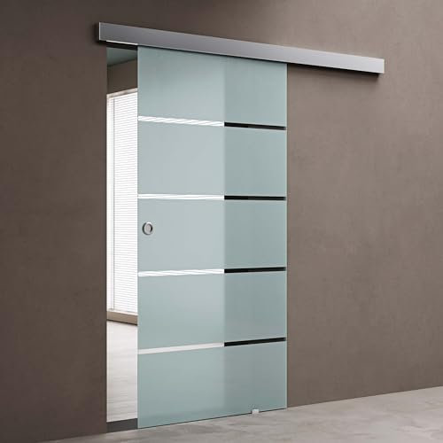 doporro Glasschiebetür Komplettset Softclose 77,5 x 205cm | 25mm Wandabstand | Schiebetür mit ESG-Sicherheitsglas | Zimmertür Glas mit 5-Milchglas-Streifen und Muschelgriff | Amalfi-plus 11