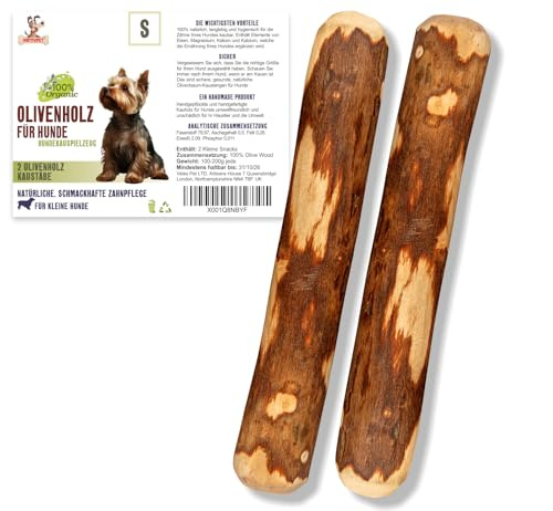 Olivenholz für Hunde S, 2 Stück, Kauholz für Hunde von 8-13 kg, Holzknochen | Kauspielzeug für Welpen und kleine Hunde, Hundespielzeug; Kauholz Hund, Hunde Kauholz; Alternative zu Kaffeeholz für Hunde.