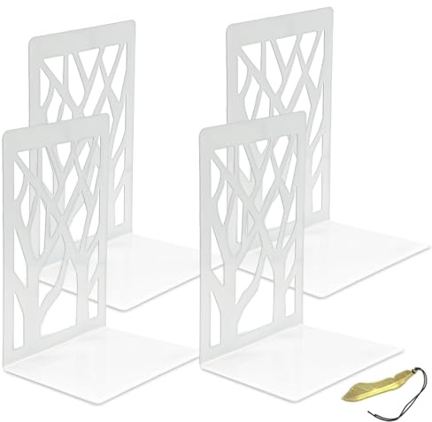 Mgood Metall Buchstütze L Form Bücherstütze rutschfest Weiß 2 Paar | inklusive Lesezeichen, Baum Design, abgerundete Kanten, für Bücherregal, Büro, Schreibtisch, Schule, Zuhause