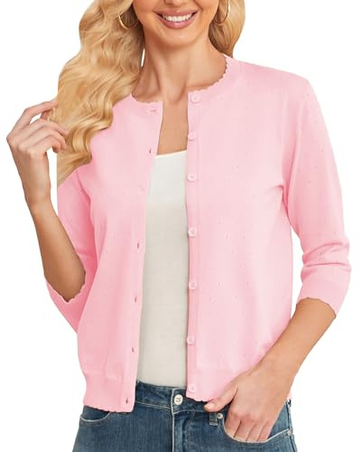 CUNYI Gilet Femme Élégant Cardigan Court Manches 3/4 Casual Pull Léger à Col Rond avec Boutons, Rose XXL