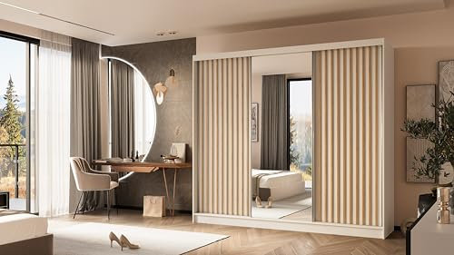 ALTDECOR Kleiderschrank mit Spiegel und Schiebetüren, kugelgelagerte Führungsschienen und Aluminium-Leisten, LED-Beleuchtung (16 Farben) und Fernbedienung - LAMELO - 240 cm Weiß + Weiß + Artisan