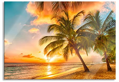 Pixxprint Glasbild, Wandbild aus Echtglas, Palmen im Sonnenuntergang auf Barbados, 80x60 cm, inkl. Aufhängung und Abstandshalter