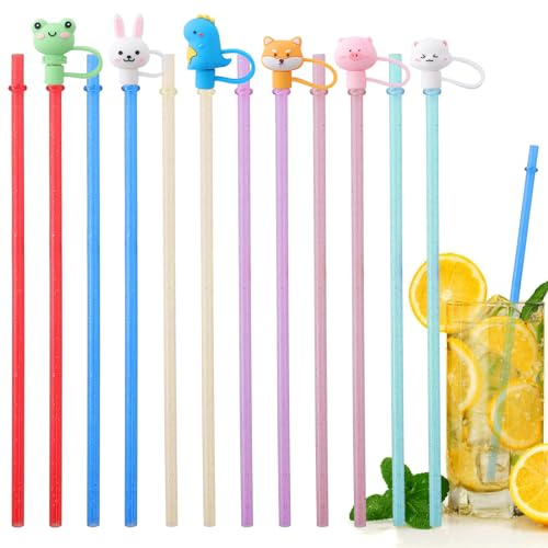 Strohhalme Plastik 12 Stück Bubble Tea Strohhalme Bunte Glitzer Strohhalme Wiederverwendbare Trinkhalme mit Cartoon-Strohstopper BPA Frei für Party Smoothie Säfte