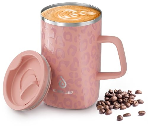 Ideus Vacuum Insulated Coffee Mug, 16oz Reusable Stainless Steel Thermal Double Walled cup with Handle and Slider Lid for Hot & Cold Beverages, BPA Free (Leapord Pink)