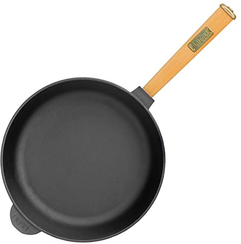 Padella in ghisa, 26 cm, altezza 65 mm, con manico in legno, padella a induzione in ghisa, adatta per barbecue a gas, forno, focolare e tutti i piani cottura, con induzione