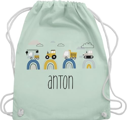 Turnbeutel Rucksack - Baustelle I Traktor I Bagger I Kran I Kipper I LKW I Planierraupe - Unisize - Pastell Grün - rucksäcke kindergarten junge personalisierter stoffbeutel trecker traktoren