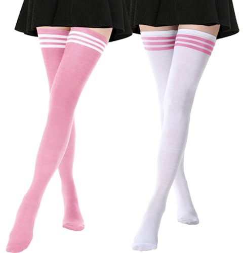DRESHOW 2 Pares Mujer Extra Largos Medias de Muslo Hasta Rodilla Casual Sobre la Rodilla Medias Altas de Muslo Calcetines Largos de Algodón