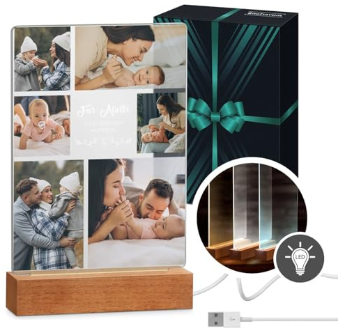 Maverton beleuchteter LED-Rahmen mit eigenem Foto - personalisiertes Acrylglasbild mit Holzständer mit LED-Beleuchtung - Glasfoto für Frauen zum Geburtstag - Größe: 15x24x4,5cm - Muttertag
