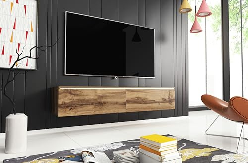 MINIO go for it - Meuble TV Donna Largeur 140 cm Lowboard LED | Debout ou suspendu, meuble TV pour le salon, panneau stratifié, style moderne, chêne Wotan