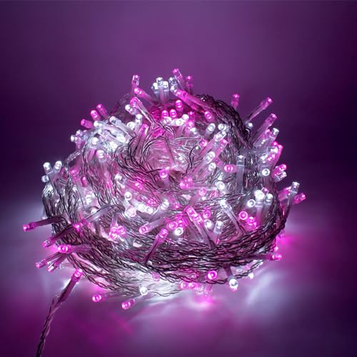 Luccika Cadena luminosa LED 31 V con 8 efectos de luz, luces navideñas para árbol de Navidad y exterior, IP44, cable transparente (blanco hielo + rosa, 15 m, 300 LED)