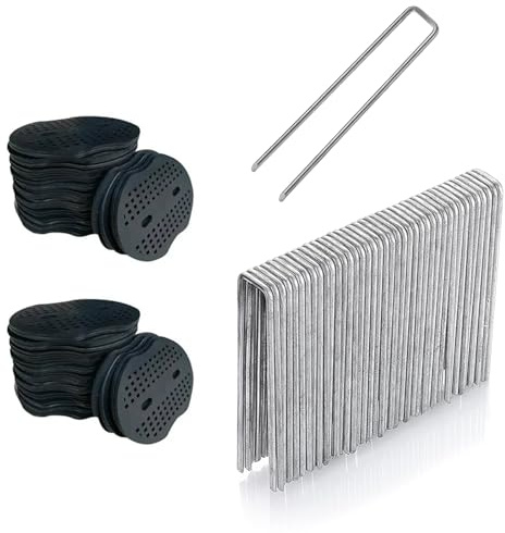 FINEVERNEK 40 Grapas de Jardin con 40 Arandelas, Clavijas de Jardin Grapas Cesped Artificial, Grapas de Sujeción de Acero para Malezas, Tela, Estera, Hierba Artificial, 150 * 40mm, 3 mm de Diámetro