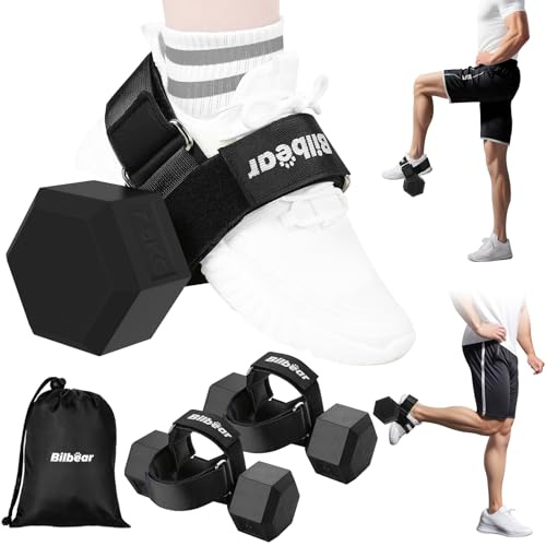 Bilbear 2Pcs Tibialis Trainer Strap for Shin Splint Relief, Hip Flexor Raises, Knee Raises & More - Adjustable Dumbbell Foot Attachment, Black & Blue, Nylon & Hook and Loop Fastener, 20lbs Max Weight