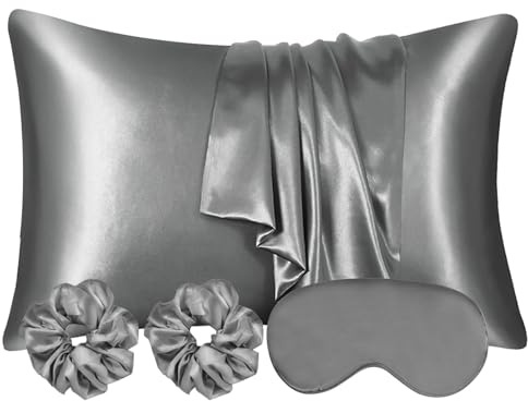 AUAUY 2er Set Satin Kissenbezug Kissenhülle 50x75cm, Grau | Seidenkissenbezug, Bessere Pflege als Silk Pillosecase, Satin Kopfkissenbezug für Haar, Haut, mit Augenmaske 2 Haargummis
