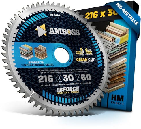 HM Kreissägeblatt 216x30 Z60 Trapez-Flachzahn für Aluminium. AMBOSS WERKZEUGE® Sägeblatt 216mm komp. zu Metabo TS 216 Bosch GCM 8. GCM 800 SJ. PCM 8.GCM 305-216 D. Bosch. Festool. Makita. Hitachi uvm.