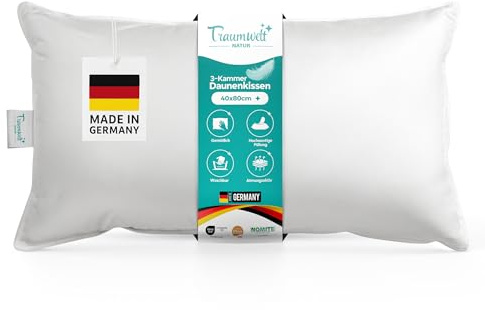 Traumwelt Natur Made in Germany 3-Kammer Daunen Kopfkissen 40x80 cm, weiß, Allergiker geeignet, Öko-Tex 100 Klasse 1 Zertifiziert, Downpass