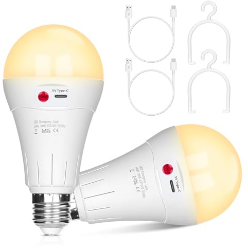 Lampadina ricaricabile USB 10 W LED E27 controllo a pulsante, intensità variabile, lampadina a batteria 2000 mAh con gancio per illuminazione di emergenza interno/esterno (bianco caldo, 2 confezioni)