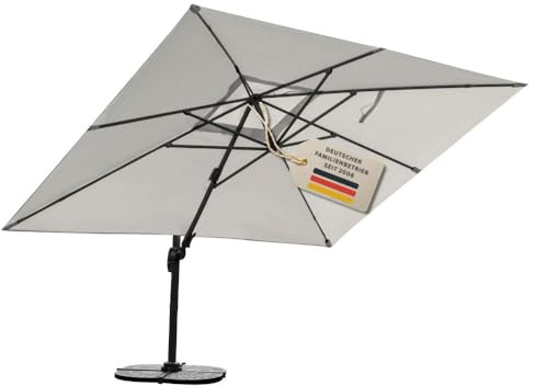 RS Trade Sonnenschirm Ampelschirm 3x4m groß rechteckig, mit Windsicherung, Ständer und Schutzhülle, drehbar neigbar kippbar mit Kurbel, windstabil für Garten Terrasse Balkon Gastronomie, hellgrau
