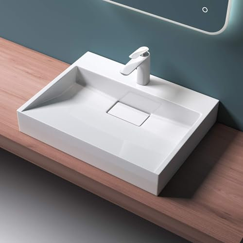 Mai & Mai Waschbecken Weiß Aufsatzwaschbecken Hängewaschbecken Hängewaschtisch inkl. Ablaufgarnitur Mineralguss Rechteckig Waschplatz 1 Armaturenloch Breite: 60cm