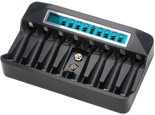 Koshore AA AAA Battery Charger 8 Bay for Ni-MH Ni-CD AA AAA 9V Rechargeable Batteries,AA Battery Charger with Larger LCD Screen,Independent Control AAA Charger -Black