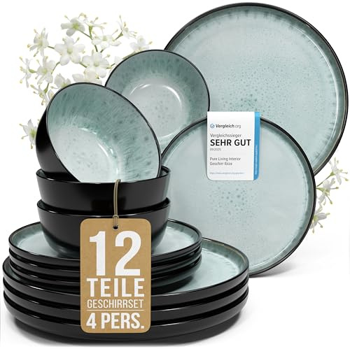 Juego de Vajilla Ibiza para 4 Personas - 12 Piezas - Set de Vajilla para Lavavajillas y Microondas - Moderno Juego de Platos - Servicio de Pure Living en Verde Salvia