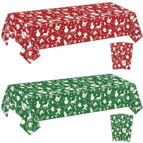 Weihnachten Tischdecken für Rechteck Tisch, 220x130cm Weihnachtsmann Schneemann Rentier Schneeflocke Weihnachten Tischdecke für Weihnachtsfeier Winter Events Dekorationen, Rot und Grün, 4er Pack