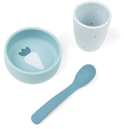 Done by Deer Beikost Baby Zubehör - Baby Geschirrset - Babygeschirr 3-Teilig mit Schüssel Durchm. 10 cm, Becher & Löffel - 100% Silikon in Lebensmittelqualität, Blau