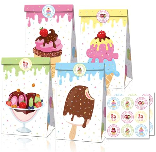 Ouceanwin 12 Stück Sommer Eiscreme Geschenktüten mit 18 Aufkleber, Eiscreme Papiertüten Kindergeburtstag Mädchen Süßigkeitentüte Klein Candy Tüten zum Verpacken von Geschenken, Giveaways