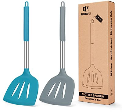 Silicone shovelPack of 2 Silicone Slotted Spatula,Non Stick Large Turner, High Heat Resistant BPA Free Kitchen Utensils for Frying Fish, Eggs, Meat,French Fries (Gray-Blue)(Grayblue)