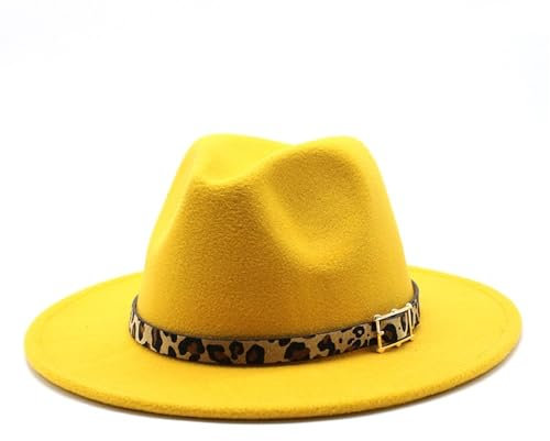 KJXP Hat, Wollhut mit Leopardenmuster, Filzhut mit Flacher Krempe, Jazzhut mit großer Krempe(Gelb,56-58)