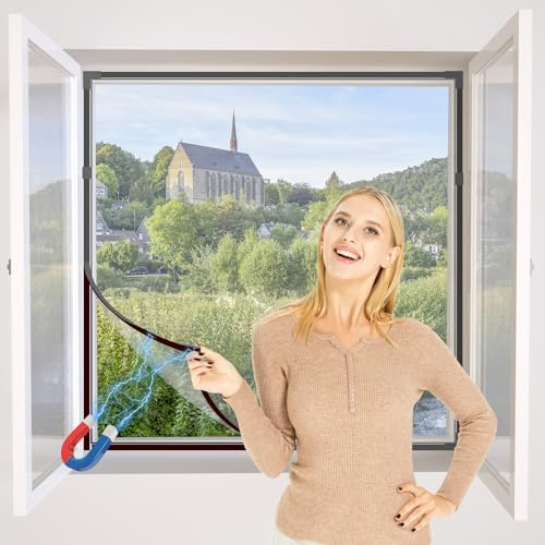 NeatiEase DIY Moustiquaire magnétique aimantée réglable pour fenêtre - Max 150 x 180 cm - Sans perçage, Peut être coupé - Facile à installer（Cadre gris,toile blanche）