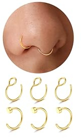 Diamday 6Stück Nasenpiercing Fake Nasenring Dünn Gold Silber Chirurgenstahl Septum Hoop Nostril Piercing Set Lippenpiercing Helix Knorpel Tragus Daith Piercing Ohr Schmuck 22G/20G/18G 6-8MM-10