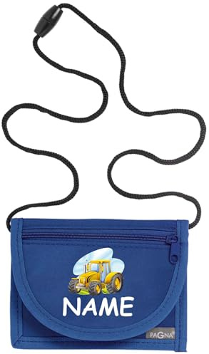 Kiwistar - Brustbeutel blau - Traktor - 13 x 10 cm Geldbeutel zum umhängen - Geldbörse für Jungen & Mädchen mit Namen individuell personalisiert