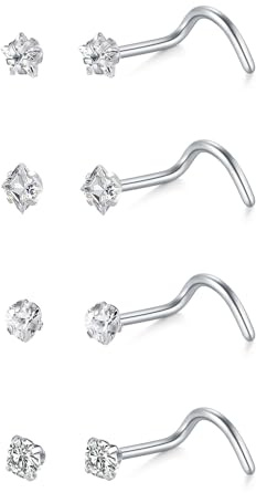 LAURITAMI 4 Pezzi Piercing Naso Brillantino Acciaio Inox 20G Nostril Piercing CZ Orecchini Naso Signore Uomini Nostril Borchi,Argento