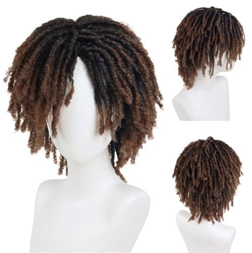 GNIMEGIL Dreadlocks-peruk för män trendig syntetisk peruk i brunt ombré med lockar, lugg och flätor rolig cosplay peruk