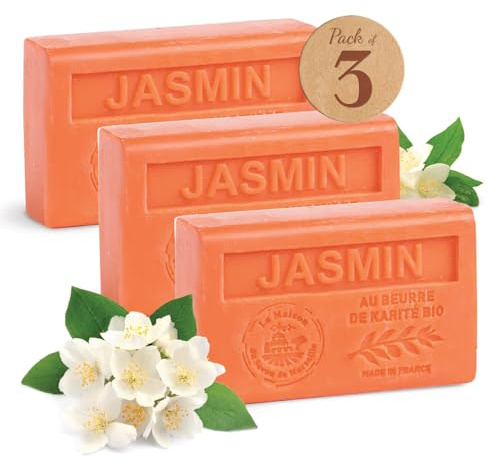 La Maison du Savon de Marseille Seife Jasmin 3 x 125g mit Bio Sheabutter, Feuchtigkeitspendend für Hände & Körper, Eselsmilch Seife hergestellt in der Provence, 97% natürliche Inhaltsstoffe