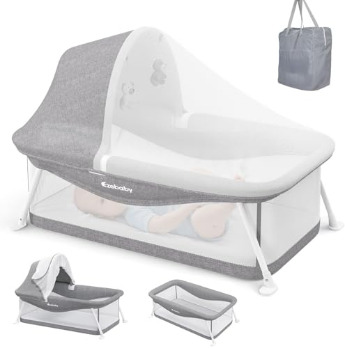 Ezebaby Kinderreisebett,Babybetten Klein Zusammenklappbar Ausgestattet mit Aufbewahrungstasche,Moskitonetz und Spielzeug Geeignet für Babys von 0-5 Monaten(Grau)