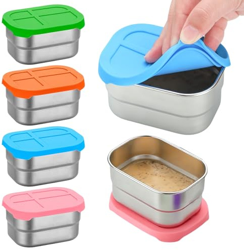 PORFOYO 4er-Set Edelstahl-Snack Box 230ml mit Silikondeckel (304) - Auslaufsichere Snackbox & Snack-Behälter für Küche/Camping, wiederverwendbar, ofen-/gefrierschrankfest, spülmaschinengeeignet