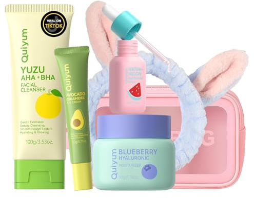 Quiyum Fruit Skincare Set, 6PCS Travel Face Care Kit with AHA, Niacinamide, Ceramide & Hyaluronic Acid, Birthday Christmas Pamper Gifts for Her Friend Sister Mum Wife Women Teenage Girls
