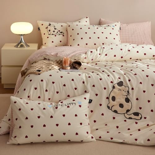 Sedefen Bettwäsche 135x200 Weiß Rot Herzen Katzen für Kinder Mädchen | Oeko-TEX zertifizierte,für Allergiker,Aesthetic,Stickerei Bettbezug und 1 Kissenbezüge 80x80cm mit Reißverschluss