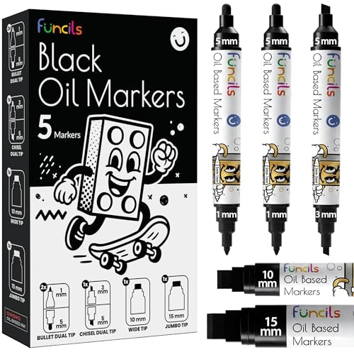 Funcils 5 Oil Black Paint Pen (3 Dual Tip + 10mm, 15mm Jumbo) - Oil Based Paint Markers for Metal, Fabric, Glass, Automotive Tire, Furniture Touch Up Wood & Plastic Surfaces - Waterproof & Permanent
