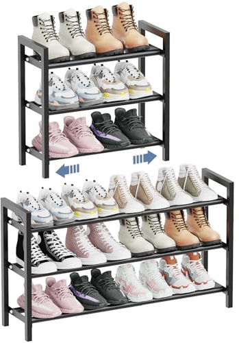 Mavivegue Étagère à chaussures extensible à 3 niveaux, étagère de rangement à chaussures réglable pour placard, étagère de rangement à chaussures en métal pour porte d'entrée, entrée, placard, noir