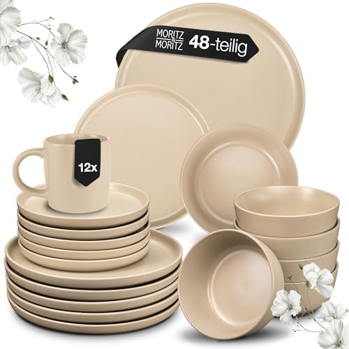 Moritz & Moritz NORDIC Geschirrset 12 Personen - 48-teiliges Steingut Geschirr Set in Taupe - Skandinavisches Design - Robustes Teller Set 12 Personen für Alltag & Gäste - Kombiservice Geschirrsets