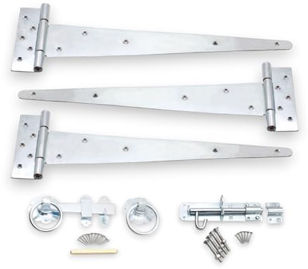 Galvanized 18 (450mm) Tee Hinges (3) Garden Gate kit Plain Ring Latch and Brenton Bolt Wooden Gate Fittings Set - for Barn, Shed Doors, Garage Gate