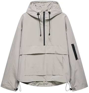 Waterproof Jacket Women,Solid Color Half Zip Windproof Jackets with Large Pocket Drawstring Hooded Raincoat Ladies Fashion Rainproof Coats Hiking Climbing Softshell Jacket Outdoor Sport Coat S-XL