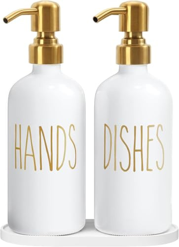 Raddile Glas Seifenspender, 500ml Handseifenspender und Spülmittelspender Set – Bauernhaus Seifenspender Küche mit Tablett – Pumpspender für Badezimmer (Weiße Flasche+Golden Pumpe)