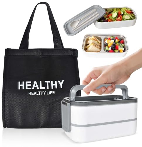 Alyxen 2 Etagen Bento Lunchbox 1400 ml mit Fächern, Besteck, 304 Edelstahl Meal Prep Bento Box, Auslaufsicher, BPA-freie Brotdose für Erwachsene und Kinder, Mikrowellengeeignet