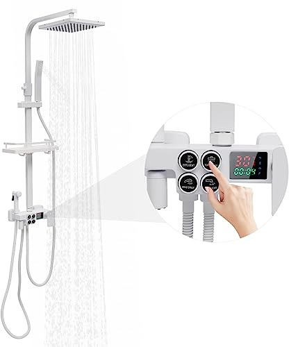 Duschsystem 4 Strahlarten,Duscharmatur Komplettset mit Quadratische Regendusche,Handbrause,Booster-Spritzpistole und Wasserhahn,Duschset mit LED-Digitalanzeige,Höhe verstellbar 70-115cm (Weiß)